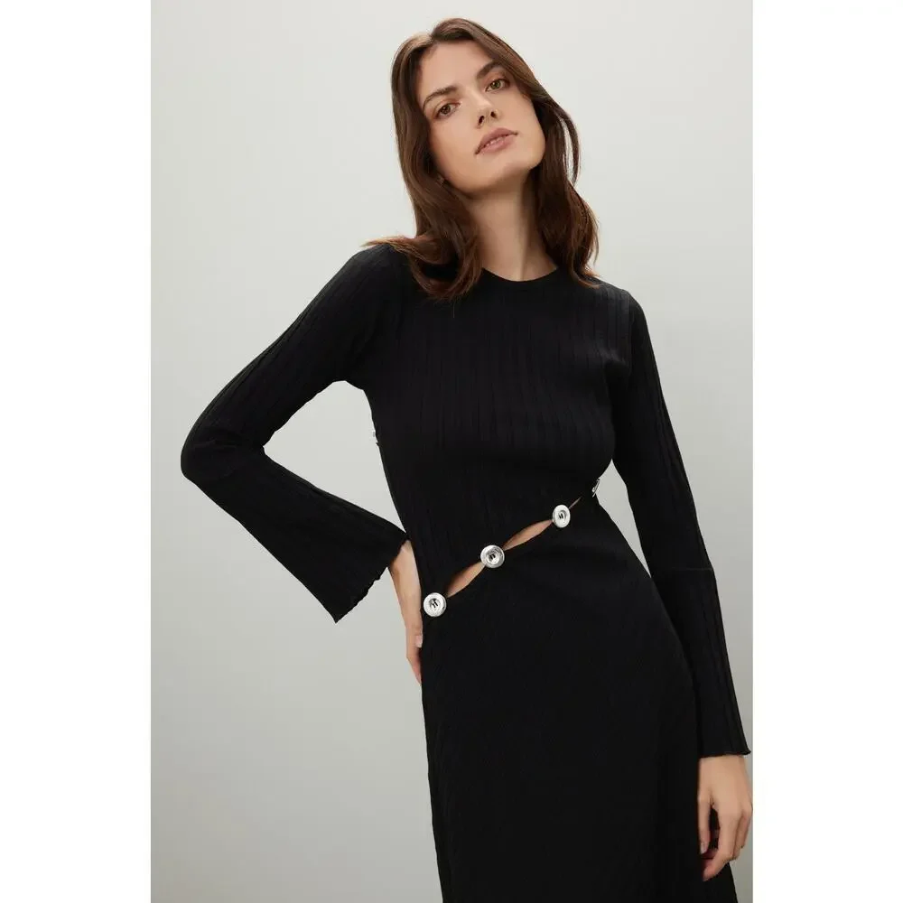 Simon Miller Simm Black Long Sleeve Asymmetric Cut Out Sweater Maxi Dress XL - Picture 3 of 13